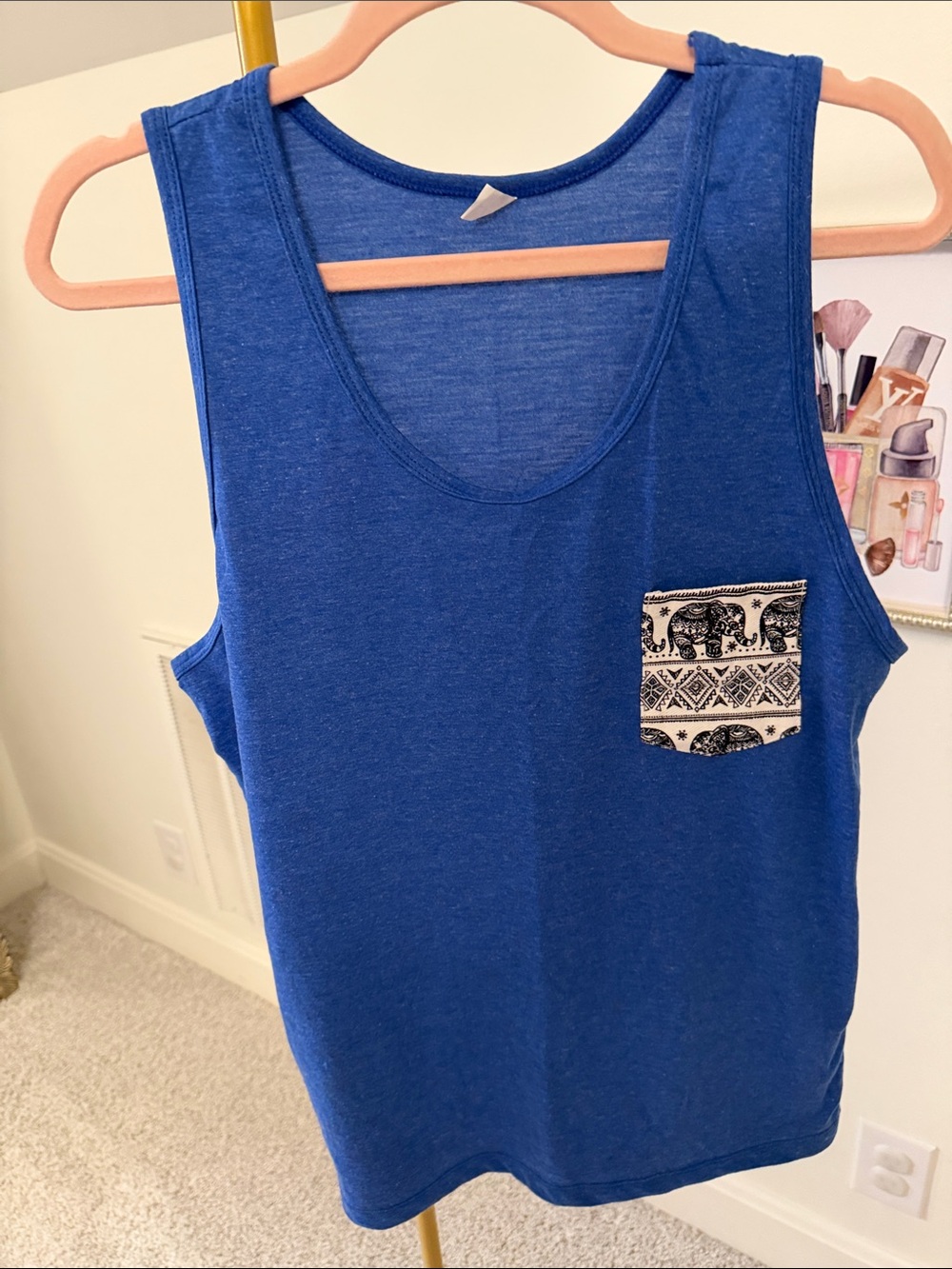 Blue Tank Top with Elephant Print Pocket